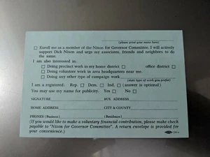 RARE NIXON FOR GOVERNOR 1962 CALIFORNIA COMMITTEE ENROLLMENT CARD - Picture 1 of 1