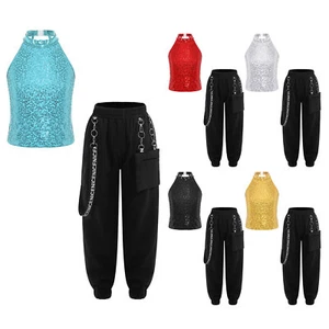Kids Girls Tracksuit Metal Chain Sets Halter Outfit Shiny Pants Trousers 2Pcs - Picture 1 of 63
