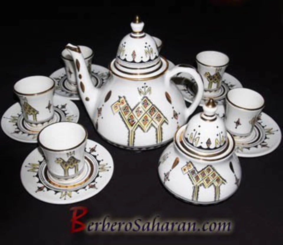 Handmade Algerian Sahara Camels Tea set in white ceramic & Gold - Image 1 of 1