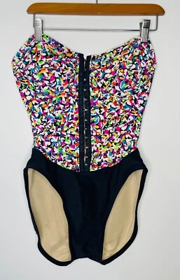 VTG SLIM SUIT PINK BLACK GRAPHIC ONE PIECE CORSET FRONT HIGH LEG SWIMSUIT*XS/S - Image 1 of 4