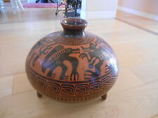 Loja Ecuador Art Pottery Vase Aztec Designs 1986 signed 10" tall Hand Made