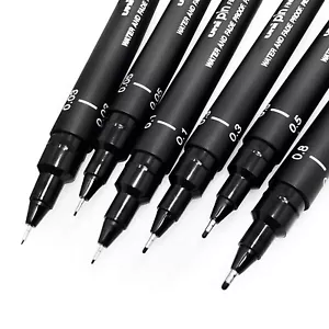 Uni Ball Pin Drawing Pen Pigment Liner Set Black ink 0.05mm to 0.8mm - Set of 6 - Picture 1 of 4