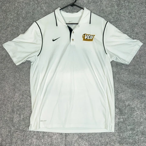VCU Rams Nike Mens Polo Shirt Medium White Gray NCAA Soccer Dri-Fit Golf Top ^ Cover