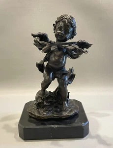 Vintage Bronze Engel spielen Geige auf Marmorsockel - Bild 1 von 11