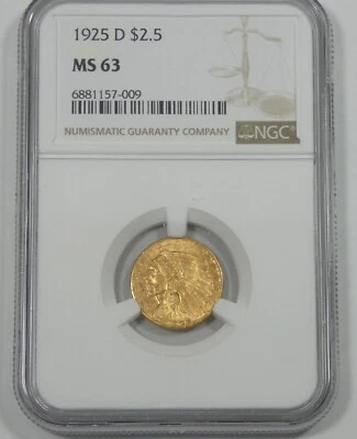 1925-D GOLD Indian Head $2.50 Quarter Eagle CERTIFIED NGC MS 63 - Image 1 of 4