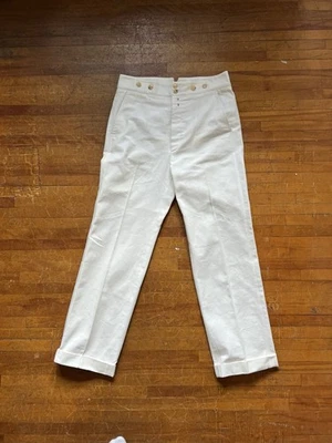 Calça jeans Gucci branca plissada com fivela perna reta tamanho 46 feita na Itália - Imagem 1 de 4