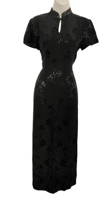Blue Stem vintage women floral satin embossed chiffon Chinese maxi gown 10 black - Image 1 of 4