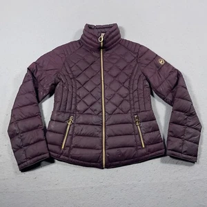 Michael Kors Down Puffer Jacket Women Medium Burgundy Quilted Gold Zip Packable - Picture 1 of 8