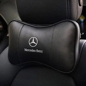2PCS Car Seat Headrest Neck Cushion Pillows For Mercedes-Benz Black Real Leather - Picture 1 of 6