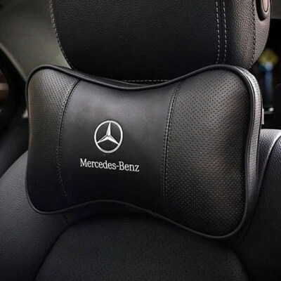 2PCS Car Seat Headrest Neck Cushion Pillows For Mercedes-Benz Black Real Leather - Image 1 of 4