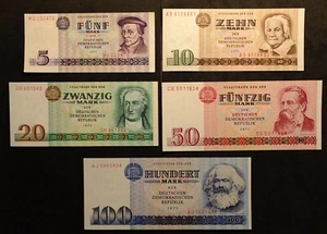 E. GERMANY-1971-75,  5 NOTE UNC. SET-5-100 MARKS, P#'S 27-31 LAST GDR NOTES-KOKO - Picture 1 of 3