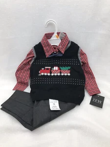 TFW Kid’s Boys Dress Outfit Size 12 Months 3 Piece Set Christmas Theme Train New - Picture 1 of 9