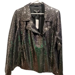 Colleen Lopez 1X Black Sequin Womens Moto Jacket w/ zipper and tags - Picture 1 of 11