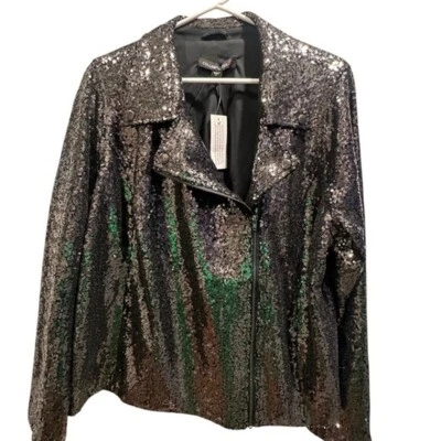 Colleen Lopez 1X Black Sequin Womens Moto Jacket w/ zipper and tags - Image 1 of 4