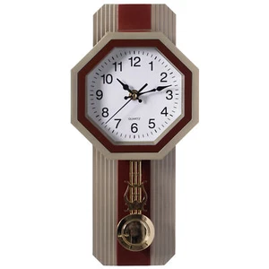 Wood-Look Pendulum Plastic Wall Clock, Vintage Farmhouse Decor for Living Room - Picture 1 of 14