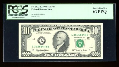 DBR 1995 $10 San Francisco Fr. 2032-L Superb Gem PCGS 67 PPQ Serial L36268448B - Image 1 of 2