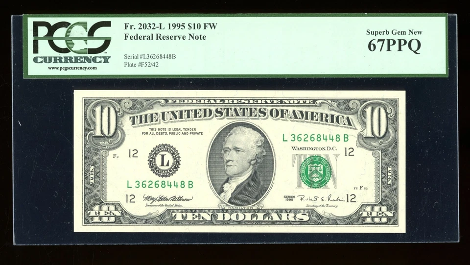 DBR 1995 $10 San Francisco Fr. 2032-L Superb Gem PCGS 67 PPQ Serial L36268448B - Image 1 of 2