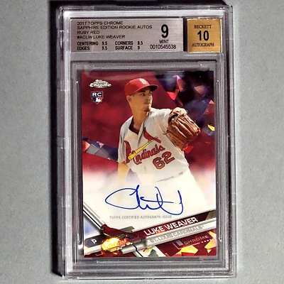 2017 Topps Chrome Sapphire Luke Weaver RC Red Refractor Auto #d/10 SP BGS 9 Mint - Image 1 of 2