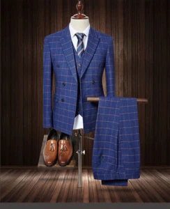 Abiti da uomo blu tweed a quadretti smoking sposo abiti formali matrimonio lavoro cena - Foto 1 di 12