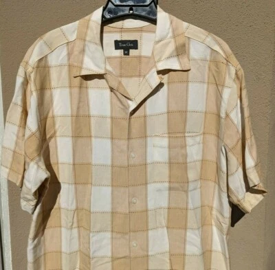 Camisa Para Hombre True Grit Manga Corta Botón Mediana Beige Tostado Cuadros Bolsillo Lino  Foto 1 de 3