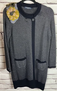 Piazza Sempione Sz 44 Blue Striped Two Button Cardigan Flower Acc. Pockets Wool - Picture 1 of 5