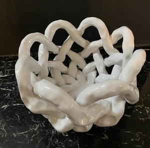 Large White Glazed "Intrecciato" Ceramic Vessel Basket Woven Bowl Italy 1920's - Picture 1 of 16