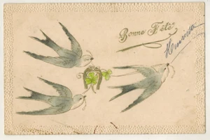 1906-Carte postale gaufrée-Hirondelle-Fer à cheval-Fête-Timbrée-A.151 - Imagen 1 de 2