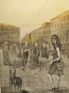Vintage realist print landscape of a city crowd - Picture 1 of 24