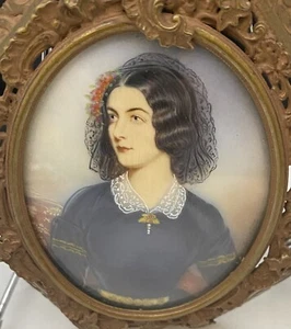 ANTICO DIPINTO MINIATURA LOLA MONTEZ RITRATTO DI M. STIELER, BRONZO INCORNICIATO g. - Foto 1 di 5