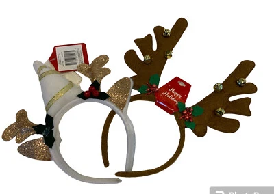 New Happy Holiday Reindeer Hair Headbands Antlers with Bells - Lot of 2  - Image 1 of 4