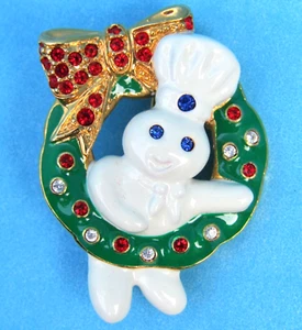 FS NIP Pillsbury Doughboy XMAS WREATH PIN SPARKLING BROOCH Danbury Mint 2002 🎁 - Picture 1 of 3