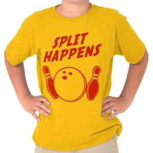 Funny Bowling Pin Humor Split Happens Joke Youth Crewneck T Shirts Boy or Girl - Picture 1 of 20