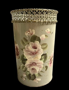 Vintage Distressed handbemalt 3D Blumenrelief Toleware Dose Papierkorb Dec-Art - Bild 1 von 4