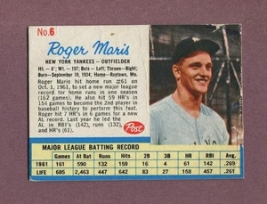 1962 POST ROGER MARIS #6 - NEW YORK YANKEES - LOWER GRADE (2487) - Picture 1 of 2