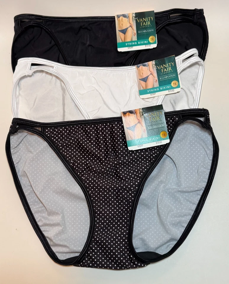 NWT 3 Vanity Fair Illumination String Bikini Panties 18108 Black/White/Dots 7/L - Image 1 of 1