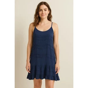 Vestido para mujer Mystree de gasa de algodón arrugado con volantes en capas talla L azul marino - Imagen 1 de 7