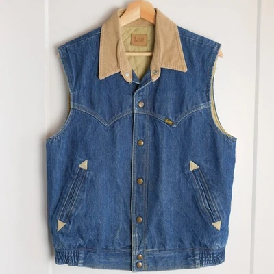 Chaleco Lee De Colección Azul Denim Pana Cuello Acolchado Forrado Hecho en EE. UU. Para Hombres M Foto 1 de 4