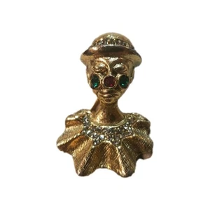 Vintage Hobé Strass Clown Brosche Anstecknadel goldfarben grün & klar & rot - Bild 1 von 6