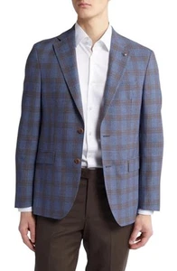$995 - Jack Victor Midland Deco Plaid Wool Sport Coat in Mid Blue US 36 R - Picture 1 of 6