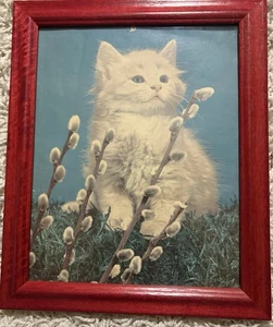 Weißes Kätzchen Wandbild Kitschig Pussywillows gerahmt flauschig Katze Retro 60er - Bild 1 von 9
