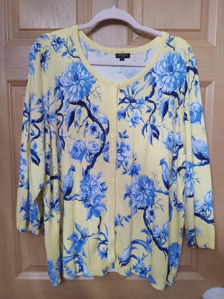 Talbots Womens Sz 2x Yellow Blue Floral  Cardigan Sweater Top 3/4 Sleeve - Image 1 of 4