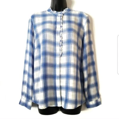Maison Jules Womens L Button Up Blouse Plaid Modest Prairie Long Sleeve Blue  - Image 1 of 4