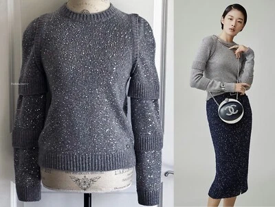 17A  RUNWAY CHANEL GREY BLUE  CRYSTAL CASHMERE  CC  PULLOVER SWEATER TOP 38 - Image 1 of 4