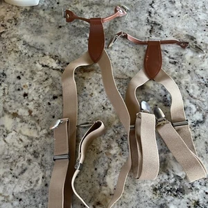 Two Pair Toddler Boys Tan Adjustable Elastic Suspenders With Faux Leather Trim - Picture 1 of 10