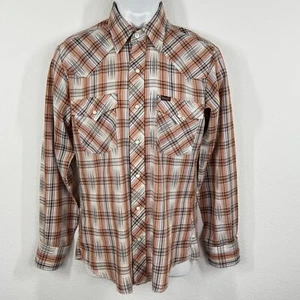 Vintage Wrangler Western Shirt Plaid Pearl Snap Size M Brown Tan 70s 80s - Picture 1 of 9