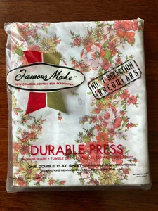 Vintage Famous Make Double Flat Sheet White Pink Floral Flowers - Picture 1 of 4