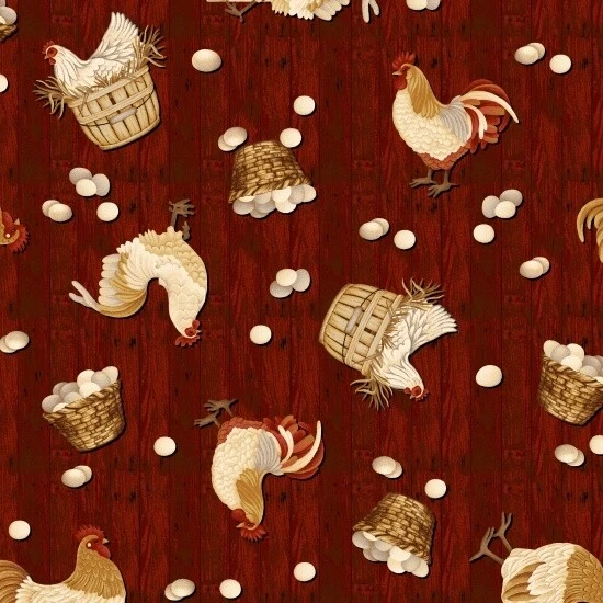 Plain & Simple Fabric - Country Roosters & Eggs Red Barn Wood - Henry Glass 28" - Image 1 of 1