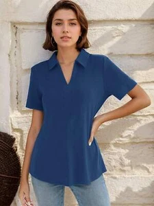 Womens 3/4 Length Sleeve V-Neck Collared Top Summer Business Casual Polo Shirt - Picture 1 of 13