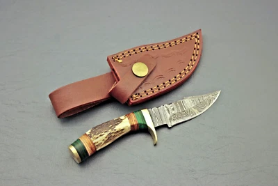 CUSTOM MADE HAND FORGED DAMASCUS 6 in HUNTING/SKINNING KNIFE  STAG/ANTLER HANDLE - Image 1 of 4