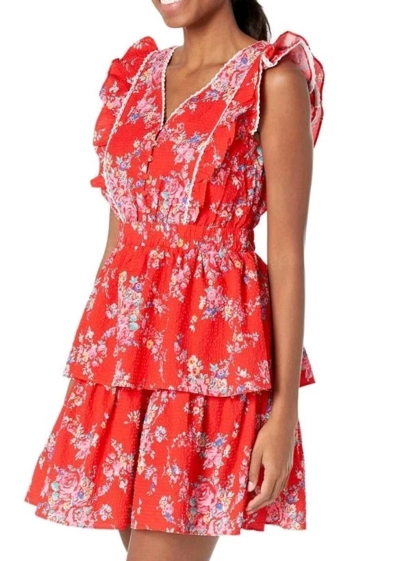 Betsey Johnson Bush Gardens Red Seersucker Ruffle Floral Red Dress Size Small  - Image 1 of 4